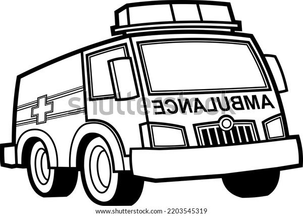 Outlined Cartoon Medical\
Ambulance Car. Raster Hand Drawn Illustration Isolated On White\
Background