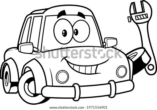 Outlined\
Cute Car Cartoon Character Holding Up A Wrench. Raster Hand Drawn\
Illustration Isolated On Transparent\
Background