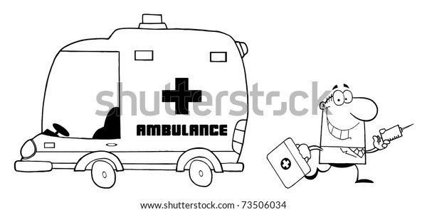 Outlined Doctor Running With A Syringe And Bag\
From Ambulance