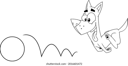 Outlined Dog Cartoon Character Chasing A Ball. Raster Hand Drawn Illustration Isolated On Transparent Background