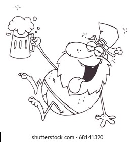 Outlined Drunk Leprechaun In His Underwear, Holding Up A Beer