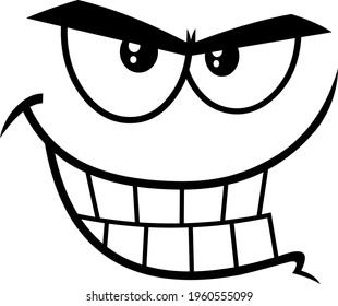 Outlined Evil Cartoon Funny Face With Bitchy Expression And Gnash Teeth  Raster Illustration Isolated On White Background