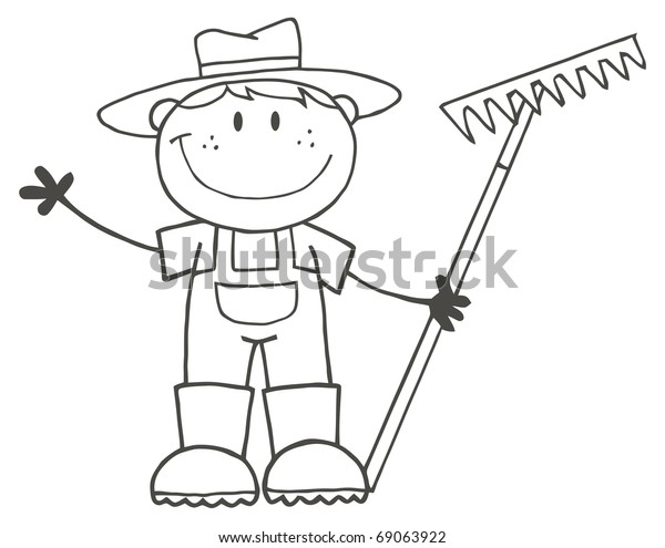 Outlined Farmer Boy Holding Rake Waving Stock Illustration 69063922 