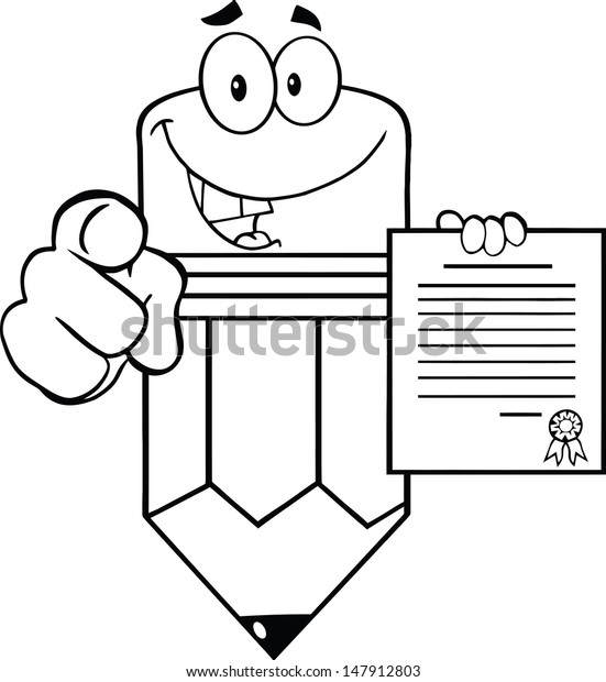 Outlined Pencil Cartoon Character Pointing Finger Stock Illustration ...