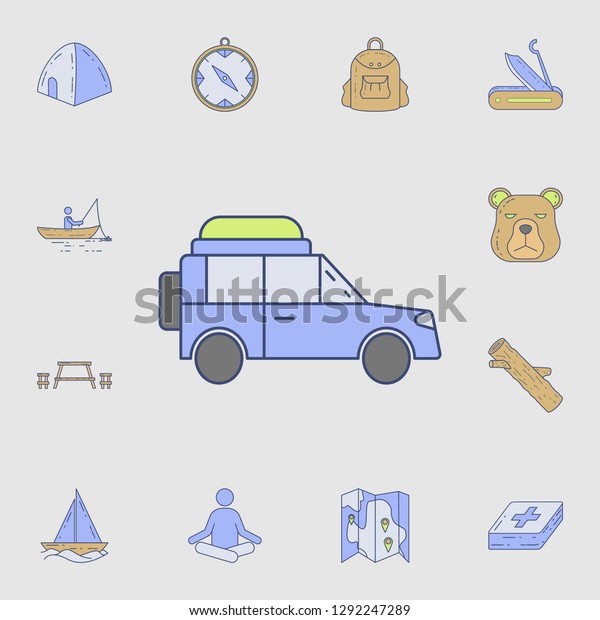 out-of-town car icon. Detailed set of color\
camping tool icons. Premium graphic design. One of the collection\
icons for websites, web design, mobile\
app