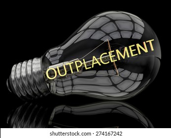 Outplacement - lightbulb on black background with text in it. 3d render illustration.