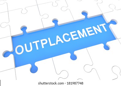 Outplacement - puzzle 3d render illustration with word on blue background