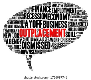 Outplacement speech bubble shaped word cloud concept on white background. 