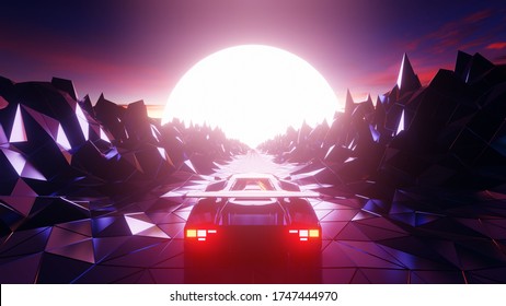 Outrun 80s Retro Racing Background 3D Rendering