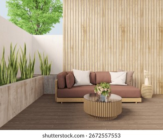 The outside corner of the house has an empty wall with vertical wooden slats, a brown cushioned wooden sofa, and a long wooden path planted with snake plants.3d render