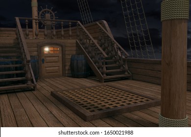 Outside of pirate old ship. Night view of ship background. 3d illustration of deck of a pirate ship. Mixed media.