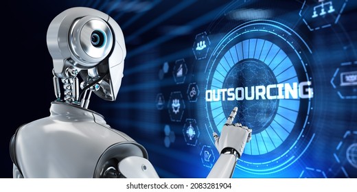 Outsourcing process automation. Robot pressing button on screen 3d render.