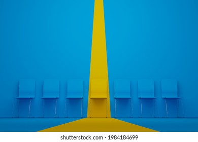 Outstanding Chair In Row. Yellow Chair Standing Out From The Crowd. Human Resource Management And Recruitment Business Concept. 3d Illustration