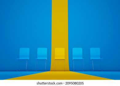 Outstanding Chair In Row. Yellow Chair Standing Out From The Crowd. Human Resource Management And Recruitment Business Concept. 3d Illustration