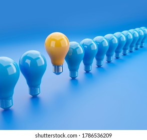 Outstanding Glowing Yellow Light Bulb Among Blue Light Bulbs 3D Illustration With Clipping Path. 3D Rendering