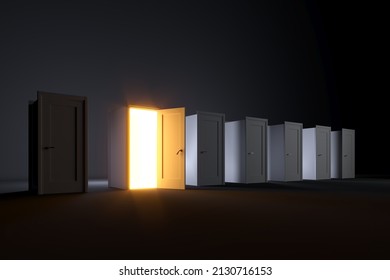 Outstanding Opening Door Among Closed Door Golden Light Glow Effect Inside In Empty Dark Room. 3d Render.