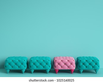 Outstanding Pink Tufted Bench Among Cyan Benches Concept On Cyan Background For Copy Space. 3d Illustration