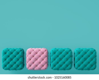 Outstanding Pink Tufted Bench Among Cyan Benches Concept On Cyan Background For Copy Space.top View. 3d Illustration