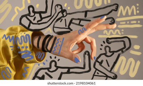 Outstretched Hands Show, Action And Determination, Miniature Graffiti Drawing Character. Team Building Concept. Photo Mixed Media Illustration