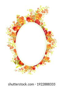 Oval Cartouche With Autumn Flowers In Bouquets.
Frame Painted With Watercolor On A White Background. 