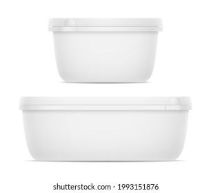 Oval container for ice cream, butter or margarine spread. Front and side views isolated on white background. Packaging template 3d illustration.