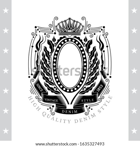 Oval Frame Between Line Pattern And Laurel Or Olive Wreath. Vintage Label With Coat of Arms Isolated On White