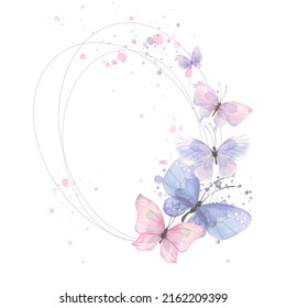 Oval frame with butterflies and splashes of paint. Delicate, airy, watercolor illustration. For the design and decoration of postcards, posters, invitations, souvenirs, weddings, parties. - Powered by Shutterstock