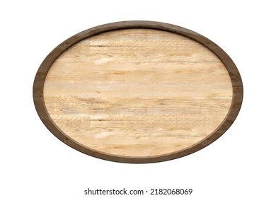 Oval Round Empty, Blank Wood Sign, Board Or Plaque With Dark Wood Frame Isolated On White Background, 3D Illustration