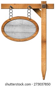 Oval Sign with Frame Chain and Pole. Empty oval wooden sign with wooden brown frame hanging with metal chain on a wooden pole isolated on a white background - Shutterstock ID 273037850