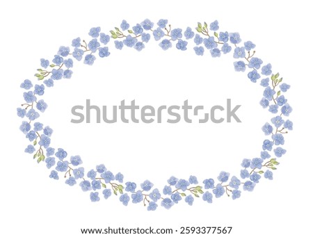 Oval wreath frame made of forget-me-nots. Vintage watercolor illustration for holiday postcards or invitations, romantic greeting cards. Cosmetics, perfumes and home decor. Frame for websites or apps.