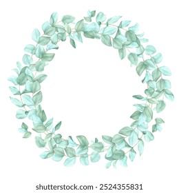 Oval-shaped frame made of delicate green eucalyptus branches surrounding a blank center. Watercolor clipart frame, suitable for logos, custom invitations, or product labels with a botanical theme - Powered by Shutterstock