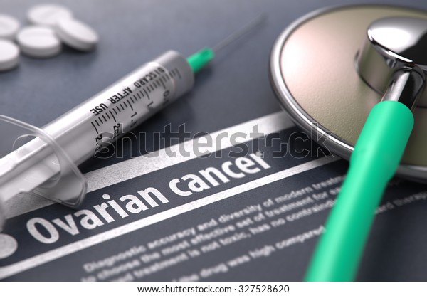 Ovarian cancer - Printed Diagnosis on\
Grey Background with Blurred Text and Composition of Pills, Syringe\
and Stethoscope. Medical Concept. Selective Focus.\

