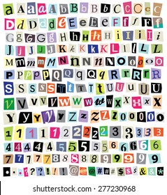 Over 200 vector cut newspaper and magazine letters, numbers, and symbols. Mixed upper case and lower case and multiple options for each one.