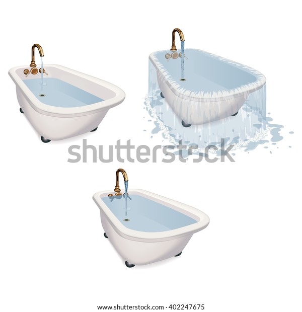 蛇口を流しながら 流れ過ぎた浴槽 様々な状態と水位 のイラスト素材