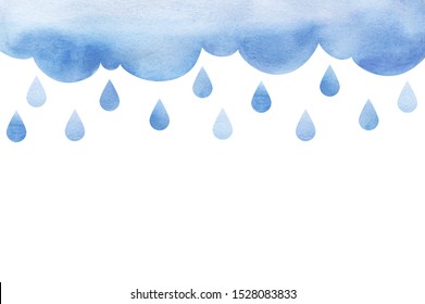 Overcast And Rain. Blue Rainy Clouds. Background Cutout Cumulus Clouds With Paper Texture. Large Raindrops Big Lught Gradiented Blue Cloud. Watercolor Fill. Page Border Template. Isolated On White.