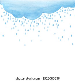 Overcast And Rain. Small Scattering Raindrops. Background Cutout Template. Large Raindrops. Big Lught Gradiented Blue Cloud. Watercolor Fill. Page Border Template. Isolated On A White Background