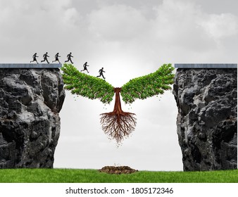 Overcome Adversity As A Business Concept With A Group Of People Running From One Cliff To Another With The Help Of A Tree For Bridging The Gap For Success With 3D Illustration Elements.