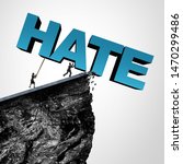 Overcome hate concept and destroy hatred and racial bias or bigotry in politics or society as people pushing text over a cliff as a metaphor for racism with 3D illustration elements.