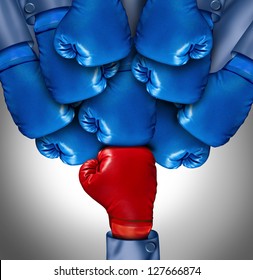 Overcoming adversity and conquering challenges as a group of blue boxing gloves ganging up on a single red glove as a business symbol of difficult competition environment,