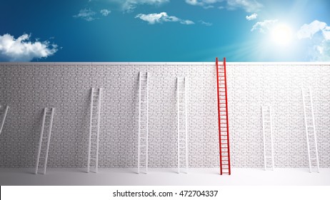 Overcoming the wall to success, 3D rendering of a white brick wall separating from success.
overcoming dificult scenarious