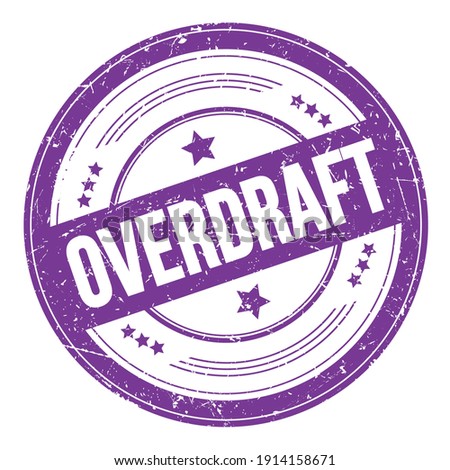 OVERDRAFT text on violet indigo round grungy texture stamp.