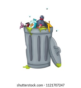 overfilled trashcan with fruit-flies illustration.