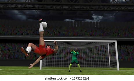 Overhead Bicycle Kick From Football Player In Front Of The Goal 3d Render