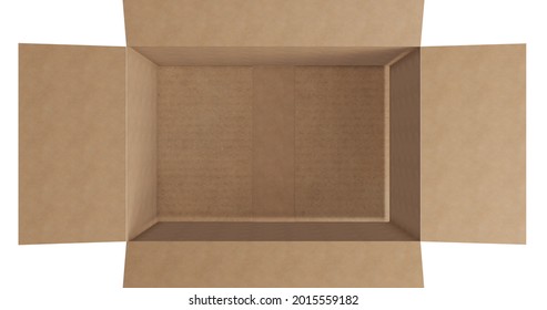 Overhead Of Empty Brown Cardboard Box With Lid Opening On White Background. Packing Box In Preparation For Shipment Or Transportation.