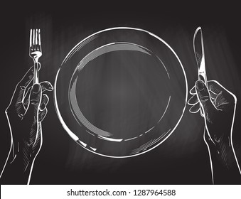 Overhead hands holding knife   fork by white plate table white background  Fork   knife in hand chalk drawing the blackboard illustration  Cutlery manual sketch line drawing 
