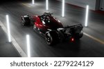 Overhead high angle view of a red modern generic sports racing car standing on a pit lane, surrounded by LED light tubes, cinematic lighting. Daytime shot. Realistic 3d rendering. 3D Illustration