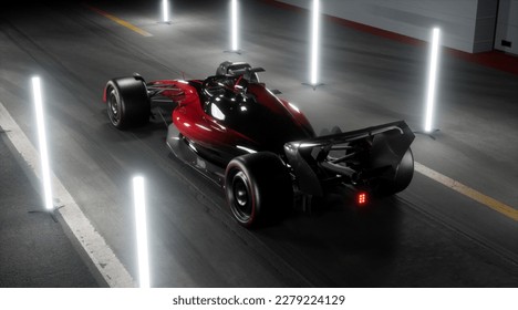 Overhead high angle view of a red modern generic sports racing car standing on a pit lane, surrounded by LED light tubes, cinematic lighting. Daytime shot. Realistic 3d rendering. 3D Illustration