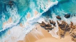 Overhead Photo Of Crashing Waves On The Shoreline. Tropical Beach Surf. Abstract Aerial Ocean View High Quality Photo