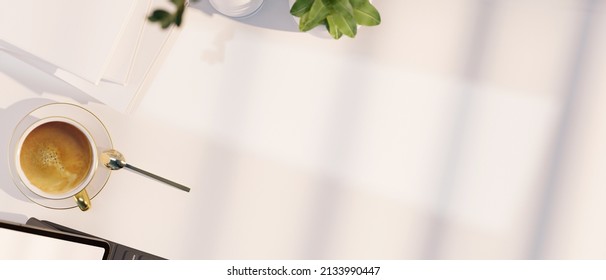 Overhead Shot, Modern White Workspace Tabletop With A Cup Of Coffee, Office Accessories And Copy Space For Product Display. 3d Rendering, 3d Illustration