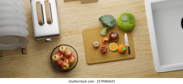 Overhead Shot, A Modern Wood Kitchen Tabletop Or Countertop With Vegetables And Fruits Slides On A Chopping Board. 3d Rendering, 3d Illustration